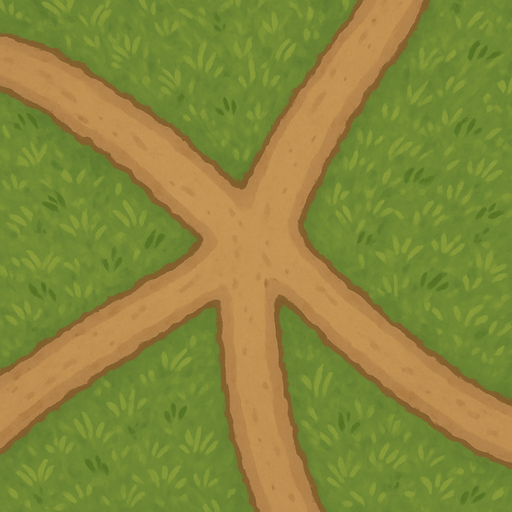 A background with grass details, shot from above, and 4  dirt roads towards the middle, merging from right to left, bottom to top in the middle.
In-Game asset.  2d.  High contrast.  No shadows