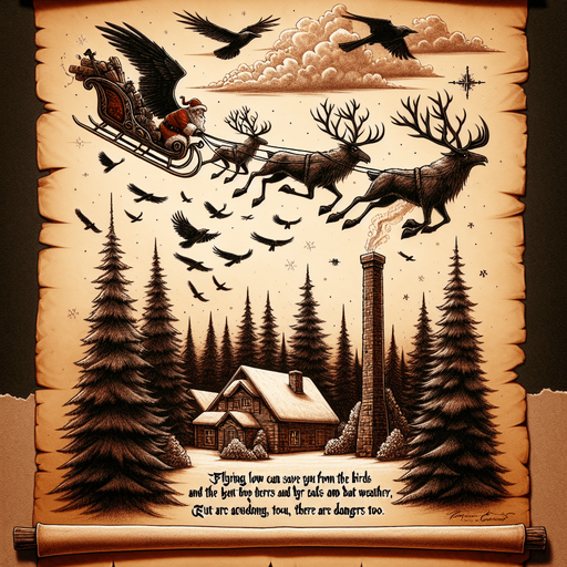 a pergament with a flying santa on his sledge hiding for ravens and storms. In front of him is a chimney. There is the text: "Flying low can save you from the birds and bad weather, but there are dangers too"