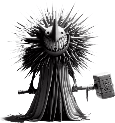 Design a menacing yet comical antagonist for a self-discovery game. The character is a spiky, shadowy creature with exaggerated features, including a wide, toothy frown, sharp ears, and furrowed, judgmental eyes. Its body is round and covered in spines, symbolizing its role as an inner critic or source of resistance. The character wields a massive hammer, emphasizing its destructive tendencies and its aim to obstruct the hero’s progress. It has a dark, moody aesthetic with shades of gray and black, creating an ominous presence. Despite its intimidating look, there’s a hint of over-the-top, cartoonish humor, making it memorable and slightly less threatening. This character embodies doubt, fear, and judgment, constantly challenging the hero while maintaining an entertaining, animated style..
In-Game asset. 3d. Blank background. High contrast. No shadows.