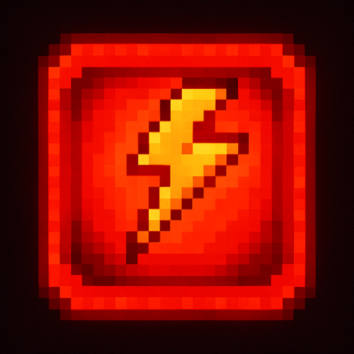 Pixel art of a red power-up icon with a bold lightning bolt symbol inside. Represents a temporary speed boost in a retro-style arcade game. Glowing red, square icon.
In-Game asset.  2d.  High contrast.  No shadows