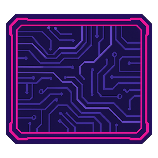 UI panel. wide. neon pink and purple border. dark purple and navy filled circuitry interior. cyberpunk. 45 degree corners..
In-Game asset.  2d.  High contrast.  No shadows