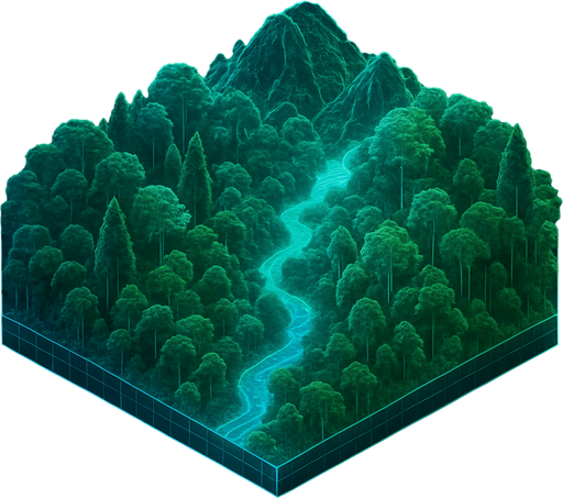 Top down isometric cyberpunk simulation hologram grid projection forest biome, wilderness dense foliage wild rainforest mountain river