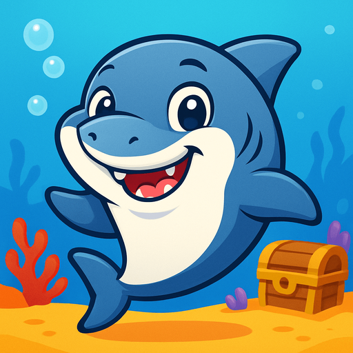A cute cartoon-style shark character designed for a mobile game. Smooth and slightly chubby body, big round eyes with a friendly sparkle, a wide cheerful grin with small, non-scary teeth. Light gray or blue-gray color with a soft white belly. Playful pose, as if swimming happily or waving a fin. Simple colorful underwater background with bubbles, coral, or treasure chests. Joyful and friendly expression, perfect for kids. High-quality digital illustration, ideal for a children’s game..
In-Game asset.  2d.  High contrast.  No shadows. cartoon style