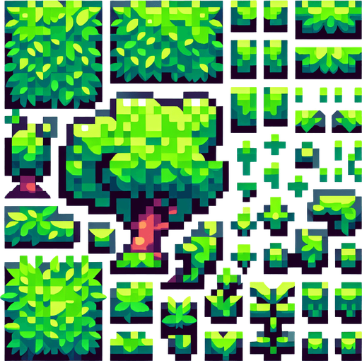 Pixel art, Top down view green grass and a couple trees.
Single Game Texture. In-Game asset. 2d. Blank background. High contrast. No shadows.