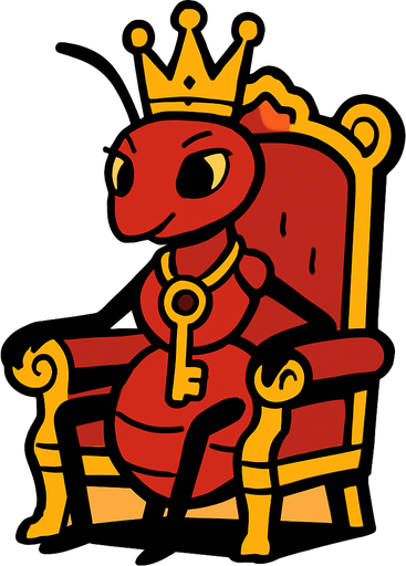 kafasında taç olan ve boynunda anahtar olan tahtında oturan kraliçe karınca.
In-Game asset.  2d.  High contrast.  No shadows