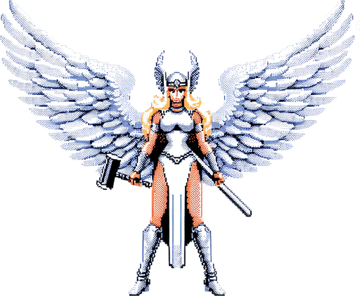 snes female valkyrie white wings spread.
Single Game Texture.  In-Game asset.  2d.  Blank background.  High contrast.  No shadows