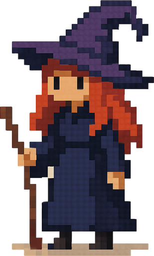 a witch with red head and purple hat..
pixel art. full body