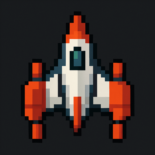 Top down 2d pixilated spaceship.
In-Game asset.  2d.  High contrast.  No shadows
