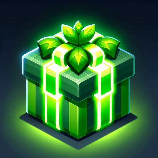 Christmas gift with glowing green wrapping paper Single Game Texture. In-Game asset. 2d. Blank background. High contrast. No shadows.