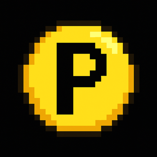 Esfera amarilla con la letra P , pixelart.
In-Game asset.  2d.  High contrast.  No shadows