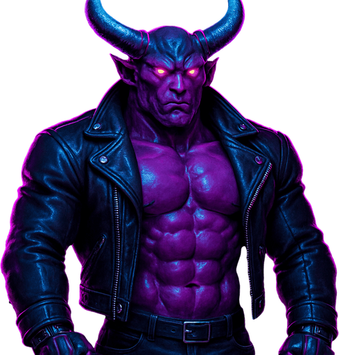 Demon robot Black leather biker jacket longsleeves shirtless muscles pecs abs hunky demon cyborg robot mecha cyberpunk neon manga futuristic monster stud beefcake