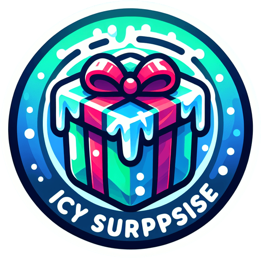 Icon for a froozen christmas present, on a circle, with the text „icy Surprise“ at top, cartoon Single Game Texture. In-Game asset. 2d. Blank background. High contrast. No shadows.