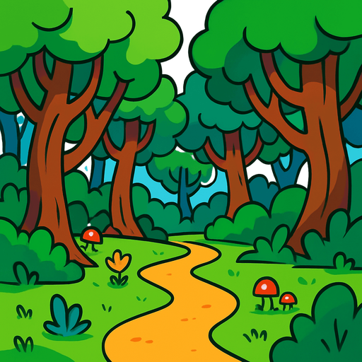 Un bosque cartoon.
In-Game asset.  2d.  High contrast.  No shadows