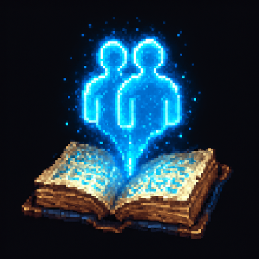 "2D pixel art of a glowing blue clone symbol emerging from an open magical book. The book is ancient, with worn leather covers and glowing runes on its pages. The clone symbol appears to float above the book, made of shimmering blue magical energy, slightly transparent and radiating light. The symbol has a mirrored silhouette or double shape to suggest duplication or cloning. The style is fantasy-themed, suitable for a magic RPG icon or visual effect. Lighting is soft but magical, with a focus on the glowing blue symbol. Classic 16-bit pixel art style. Transparent background.".
In-Game asset.  2d.  High contrast.  No shadows