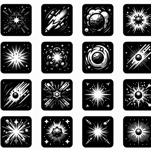 Varias explosiones espaciales pack.
Single Game Texture. In-Game asset. 2d. Blank background. High contrast. No shadows.