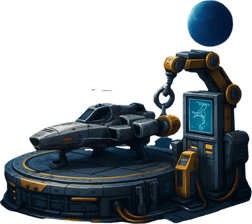 Uzay temalı Gemi Geliştirme, Tamirci İstasyonu, gerçekçi, Altında "Upgrade" yazsın.
In-Game asset.  High contrast.  No shadows