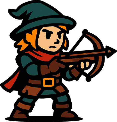 Create a game character with a crossbow in hand.
In-Game asset.  2d.  High contrast.  No shadows