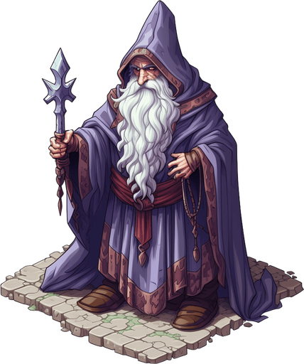 single wizard, hooded Pixel art, 16 bit, isometric, SNES, top-down, no background, white background, low resolution, symmetrical, seen from front.