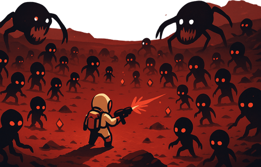 Fullscreen modern App Store landscape banner, 16:9, high definition, for a game titled "Mars: 20 Minutes Till Dawn" and with the description "A 2D top-down shooter on Mars where you survive waves of alien enemies for 20 minutes, collecting power-ups and upgrading weapons to last as long as possible.". No text on banner!