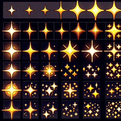 A sprite sheet of different golden sparkles..
Single Game Texture. In-Game asset. 2d. Blank background. High contrast. No shadows.