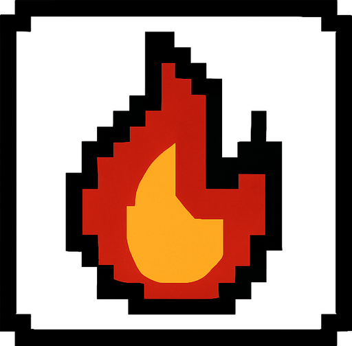 top-down view, simple minimal white square icon, centered flame symbol inside, clear sharp lines, no background, clean style, for game UI button, 30x30 px, black red yellow.
In-Game asset.  2d.  High contrast.  No shadows