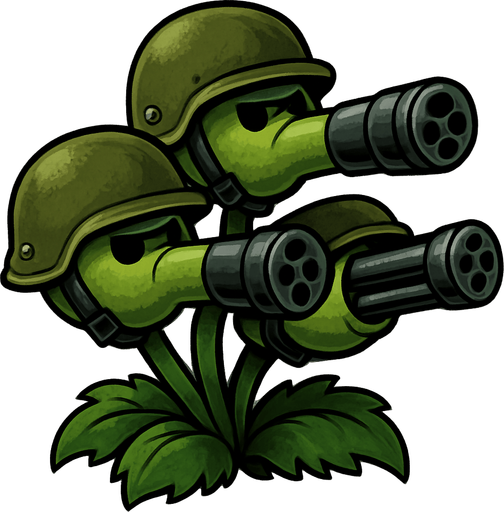Triple lanza guisantes del videojuego plantas vs zombies fusion con cascos militares y boca de metralletas.
In-Game asset.  2d.  High contrast