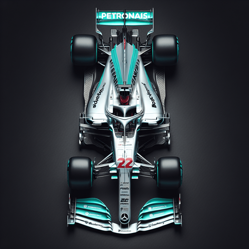 Real life Silver f1 mercedes race car with turquoise green lines and REARwings and white "PETRONAIS" text on wings.
Red race number on car nose. Black peace logo, black Blackberry text on sides. TOP VIEW