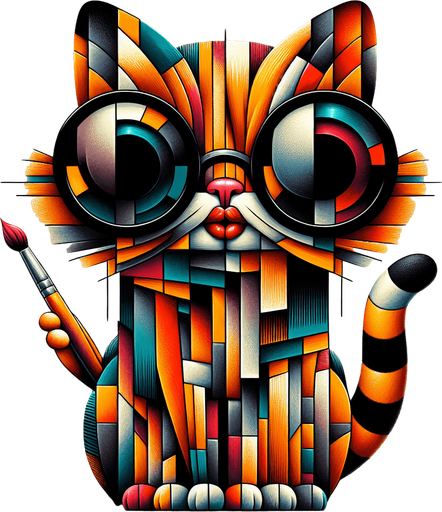 The character is reimagined as an homage to the essence of Picasso's artistry, transforming the cartoon-style orange tabby cat into a figure of abstract fascination. Its once round face now adopts an intriguing assortment of angles and planes, suggestive of Cubism's revolutionary approach, with oversized round black opaque sunglasses, and a pronounced red pout all reinterpreted through geometric distortion. The stripes of the cat's fur morph into a tapestry of fragmented shapes, blending shades and tones in unexpected juxtapositions that challenge conventional perspectives.

Splatters of color across its form not only signify its role as an artist but also pay tribute to Picasso's vibrant palette, with hues that break free from the confines of form and structure. The cat's body, while maintaining its smaller scale compared to its head, is depicted with a cubist's freedom, breaking the boundary between dimension and representation. Clutching a paintbrush, the cat becomes a beacon of creative expression, surrounded by a halo of color and form that defies the ordinary.

Adorned in a simple hoodie, now reimagined as a canvas of abstracted shapes and colors, the cat sits poised, embodying the relaxed yet profoundly transformative essence of Picasso's artistic legacy. This character, through playful abstraction and whimsical creativity, stands as a mascot for the boundless imagination of art, perfect for inspiring a love of creativity in a children's book or as a distinctive figure in any artistic endeavor."

This description embraces the spirit of Picasso's work—innovative, bold, and ever-challenging the viewer's perception—while tailoring the essence to fit the unique character of this artistic cat..
Single Game Texture. In-Game asset. 2d. Blank background. High contrast. No shadows.
