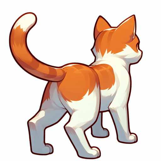 an orange and white cat facing away from the camera. the cat is sitting straight up and looking up, ready to pounce.
Single Game Texture.  In-Game asset.  2d.  Blank background.  High contrast.  No shadows
