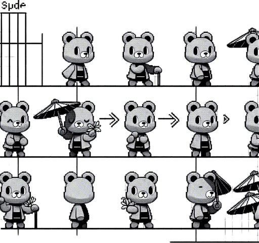 A spritesheet with a number of poses of a cartoonish bear cub with a sunshade, smiling, walking, waiting, standing, ordering, turning, etc. all seen from the side.The spritesheet should be laid out in a rectangular grid with clear space between each individual sprite. Each sprite in the sheet should be around 300x600 pixels in size..
Single Game Texture. In-Game asset. 2d. Blank background. High contrast. No shadows.