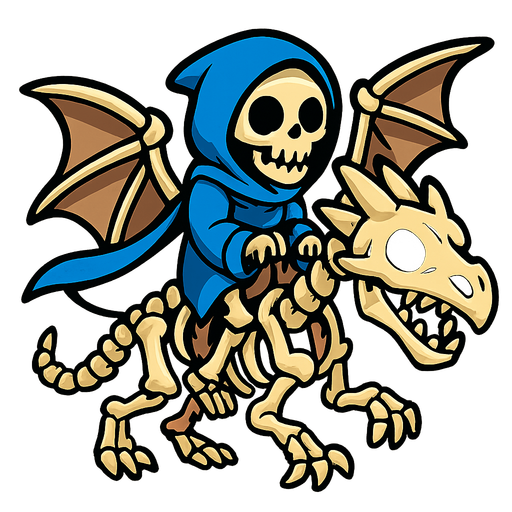 Skeleton with a blue hoodie and cape riding a skeleton dragon.
In-Game asset.  2d.  High contrast.  No shadows