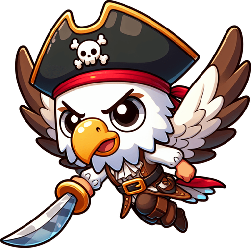 chibi cartoon eagle pirate fly.
Single Game Texture.  In-Game asset.  2d.  Blank background.  High contrast.  No shadows