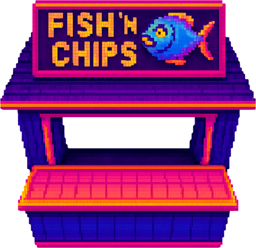A fish and chips shack with a big counter in the front and a large open window behind. Large sign on roof says "Fish 'n Chips" with a cartoon fish. Seen from top down view with the front of the shack facing down.