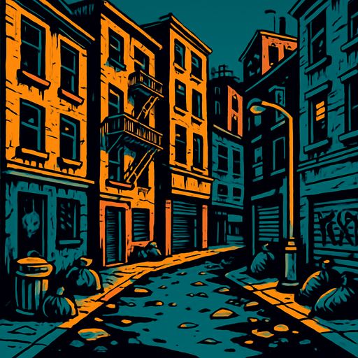 una calle de una ciudad peligrosa con edificios viejos en la parte de arriba.
In-Game asset.  2d.  High contrast.  No shadows