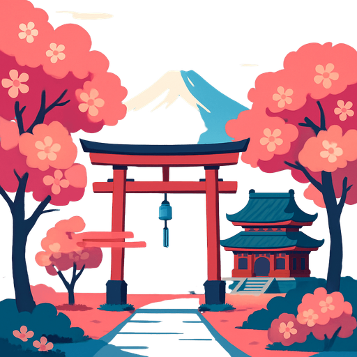 A peaceful mountain and temple background with sakura trees, a torii gate, and light wind chimes hanging. Very serene..
In-Game asset.  2d.  High contrast.  No shadows