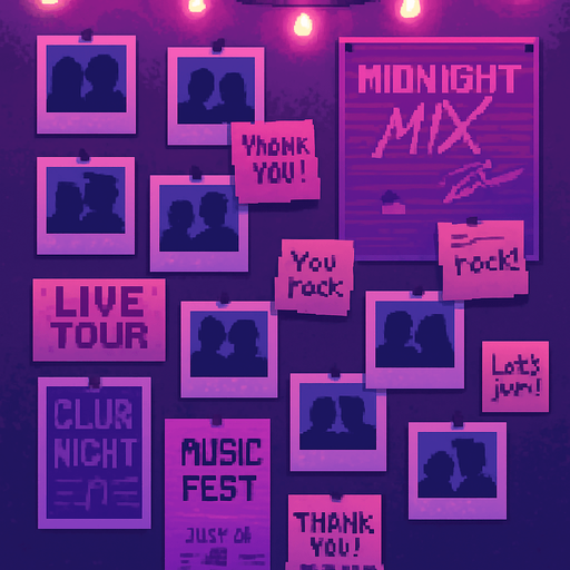 A 2048x2732 vertical pixel art background for a credits screen in a rhythm-based pixel art game. The scene shows a cozy wall in the same neon-lit DJ studio, filled with pinned polaroid photos, signed posters, music flyers, sticky notes, and handwritten thank-you notes. Soft glowing fairy lights hang above. The lighting is soft pink, violet and blue, with a nostalgic, emotional, and heartfelt vibe. No characters or UI — just a decorative wall filled with creative memories and gratitude..
In-Game asset.  2d.  High contrast.  No shadows