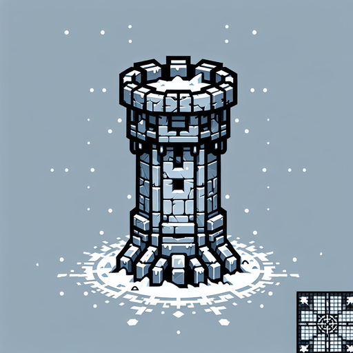 A turret tower built of ice blocks. Front view perspective. Single Game Texture. In-Game asset. 2d. Blank background. High contrast. No shadows.