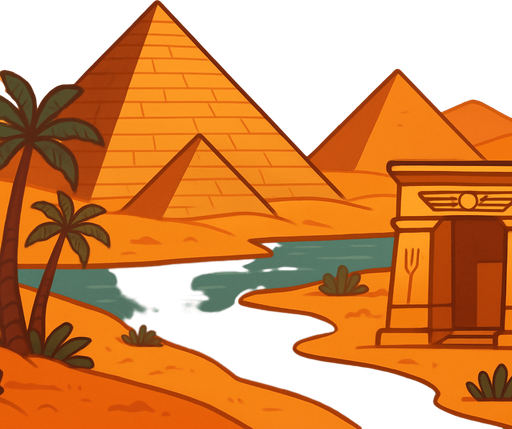 A desert cartoon-style background with pyramids, palm trees, and the Nile river. Add warm sunset tones and Egyptian architectural elements. Great for an Oud-based level..
In-Game asset.  2d.  High contrast.  No shadows
