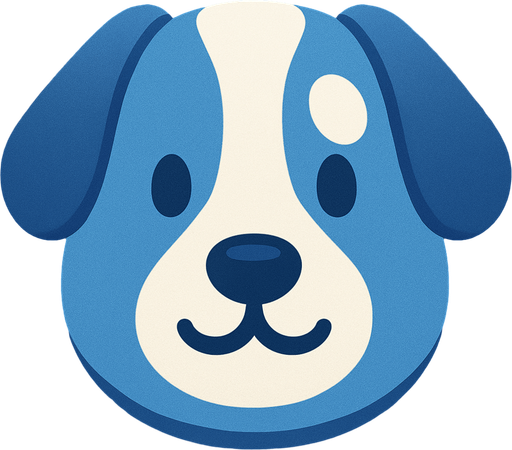 Mantén este mismo estilo, pero has que el perro sea de color azul con manchas blancas.