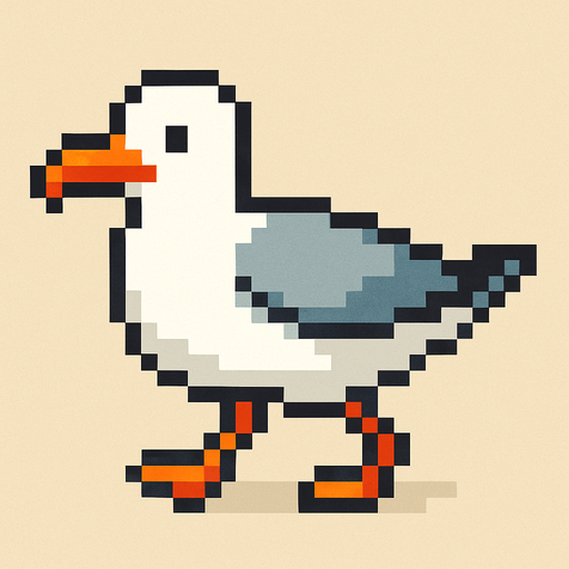 seagull, pixelart, walking down.
In-Game asset.  2d.  High contrast.  No shadows