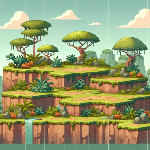 2d platfrom game background with a platform in the middle of the screen all wide resembling a jurassic world.
Single Game Texture.  In-Game asset.  2d.  Blank background.  High contrast.  No shadows