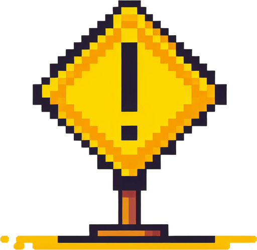 yellow warning sign. flat pixelated. 8 bit..
Single Game Texture. In-Game asset. 2d. Blank background. High contrast. No shadows.