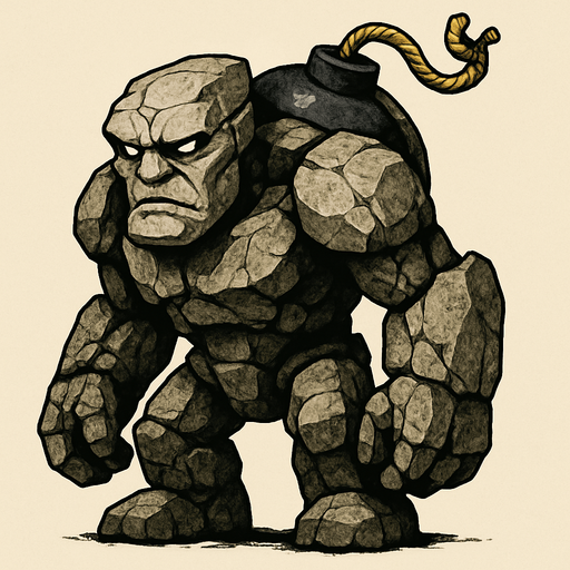 un golem de piedra ultra realista con una bomba en la espalda.
In-Game asset.  2d.  High contrast.  No shadows