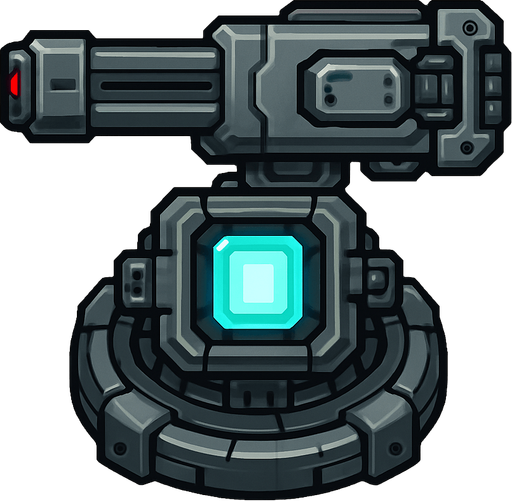 2D top-down view sci-fi laser turret, mounted on a rotating base, glowing energy cell, detailed mechanical parts, metallic finish, compact and powerful look, pixel art or vector style, no background.
In-Game asset.  2d.  High contrast.  No shadows