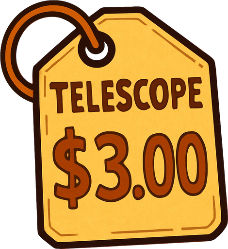 Price tag that says Telescope $3.00.
In-Game asset.  2d.  High contrast.  No shadows