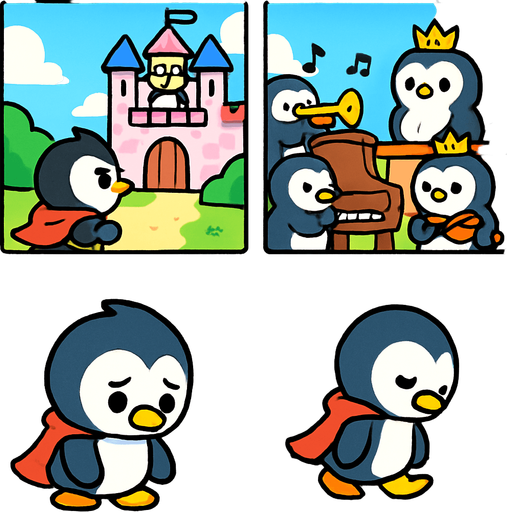 4-panel comic strip, no text, cute cartoon style, bright colors, black outlines.
Characters: Penguin Hero (small, determined) + Penguin Princess (elegant, crown) + Village Penguins
Central Theme: Music connects hearts, piano mastery wins love.  Hero doubts himself, thinks he's not good enough

Panel 1: Hero tries to approach Princess's palace but stops
Panel 2: Sees other talented penguins playing instruments near Princess
Panel 3: Hero looks at his flippers sadly, musical notes are wobbly/off-key
Panel 4: Hero walks away discouraged, head down.
In-Game asset.  2d.  High contrast.  No shadows