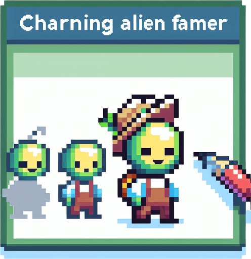 pixel art of a cute alien farmer, side view.
Game asset. 2d. Blank background. High contrast. No shadows.