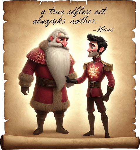 a pergament with Klaus and Jesper from the movie Klaus. There is the text: "A true selfless act always sparks another. -Klaus"