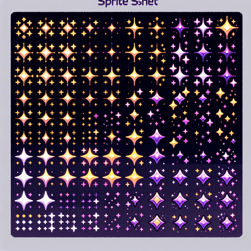 A sprite sheet of different color sparkles. Include gold and purple color.
Single Game Texture. In-Game asset. 2d. Blank background. High contrast. No shadows.