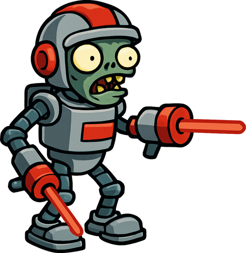 a plant vs zombies zombie whit a robot costume and a laser gun arms.
In-Game asset.  2d.  High contrast.  No shadows